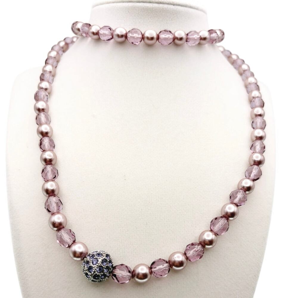 Joan Rivers Faux Pearls and lucite beads Stretchy Necklace 30” and Bracelet 7”